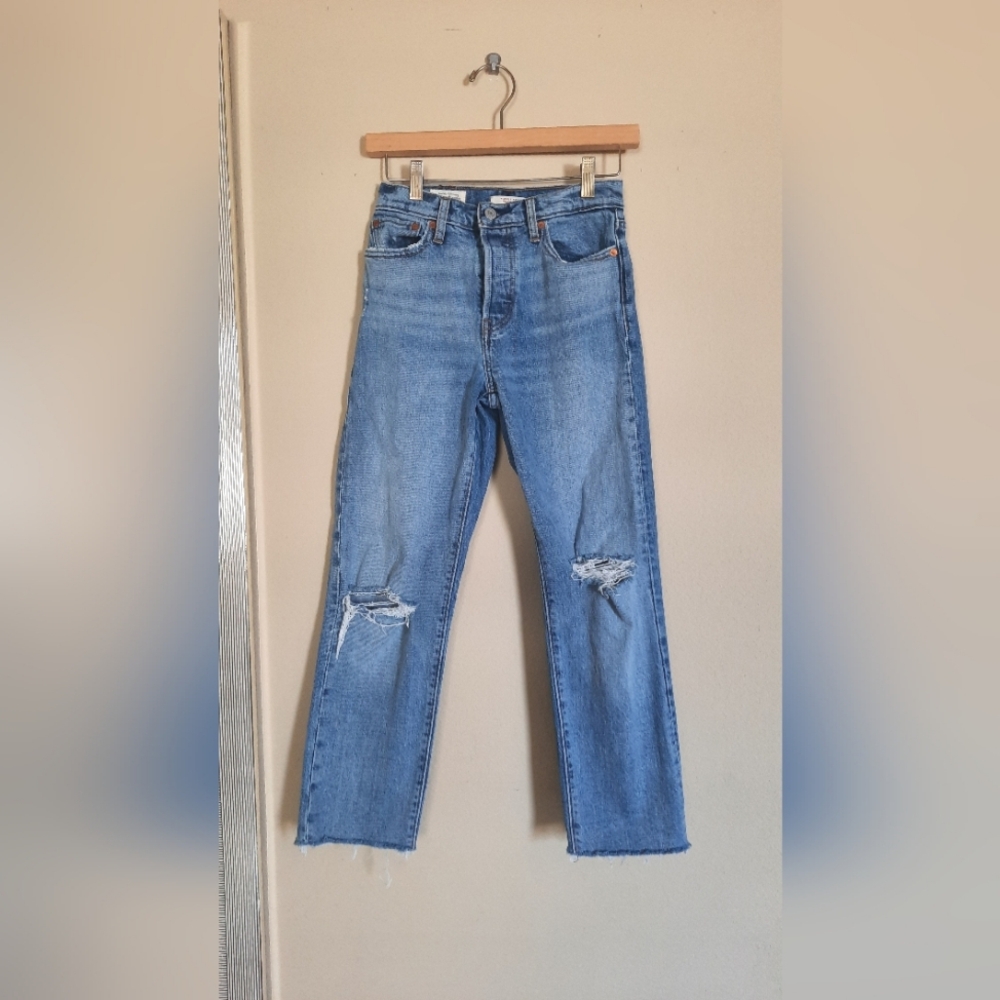 Levi's Premium Wedgie Straight Raw Hem Distressed Light Blue Straight Leg Jeans